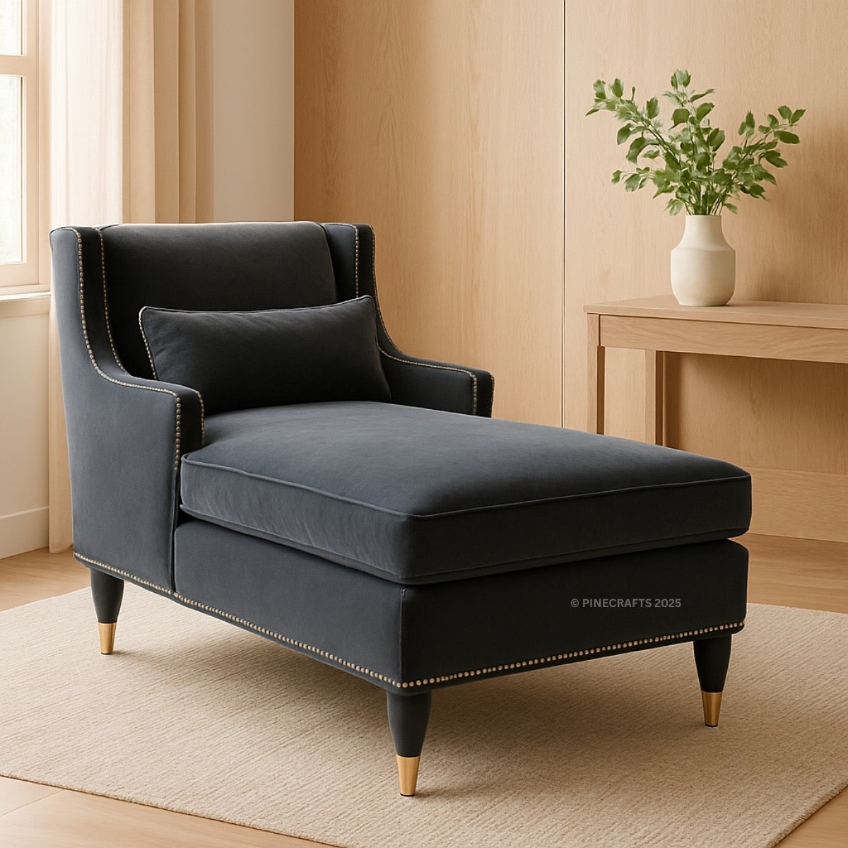 Gray velvet chaise lounge chair in a room with wooden walls and a small table with a plant.